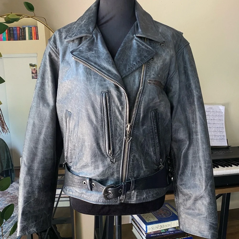 Womens distressed Harley Davidson leather moto jacket corset belt grey marled l - Picture 12 of 16